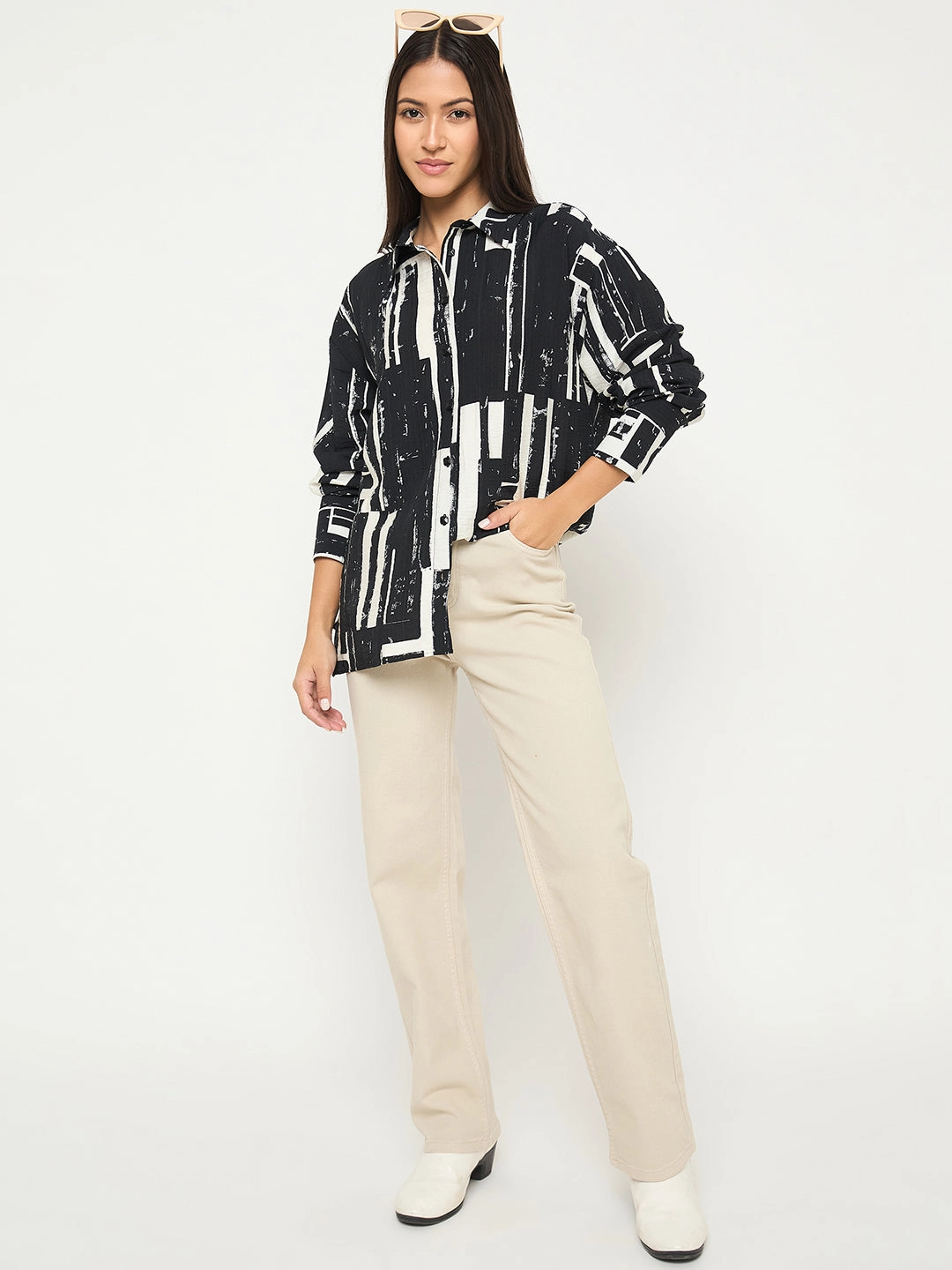 Madame All Over Print Black Cotton Blend Full Shirt Midweight Textile