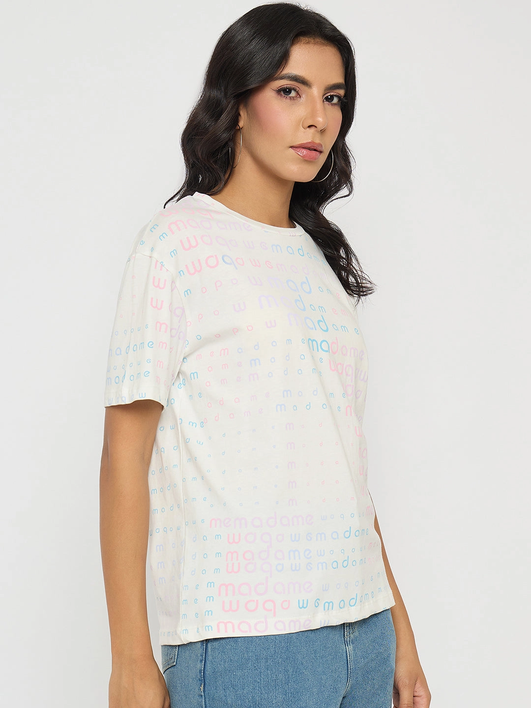 Madame All Over Print White Cotton T-shirt Breathable Hoodie Adjustable drawstring