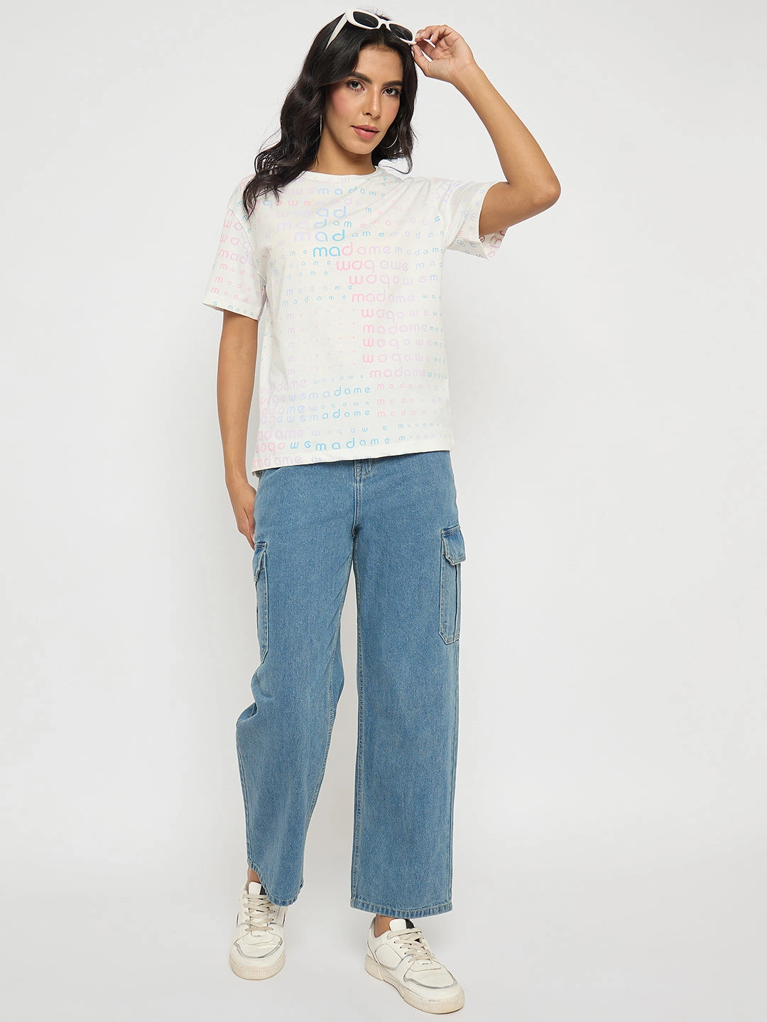 Stretch Material Madame All Over Print White Cotton T-shirt