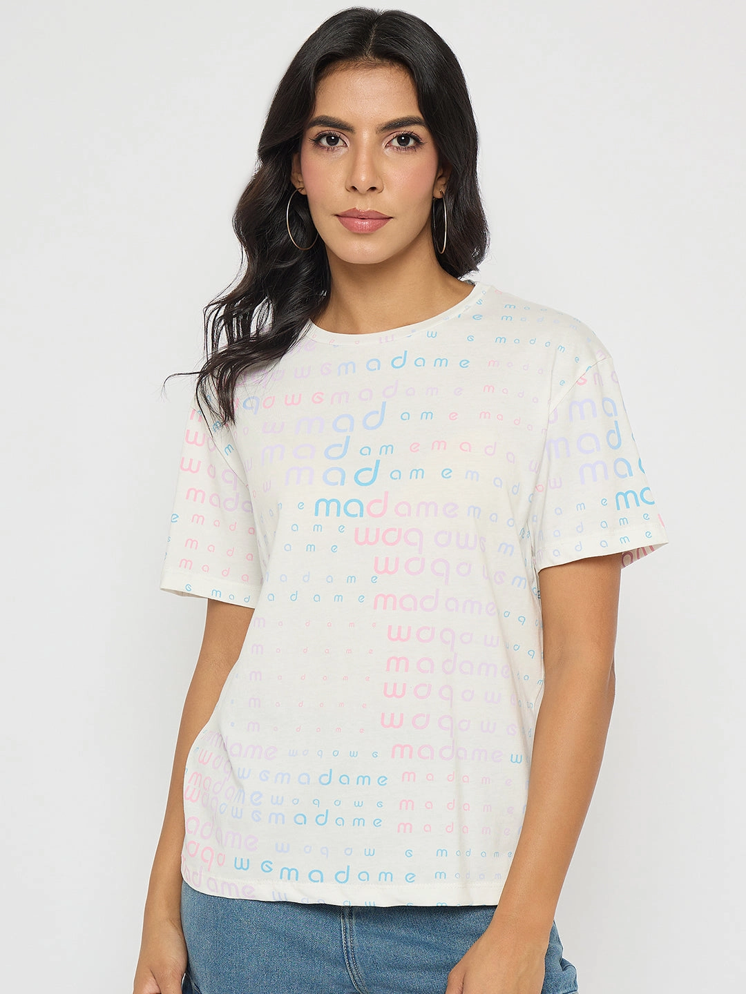 StretchableKnit Layered Collar System Madame All Over Print White Cotton T-shirt