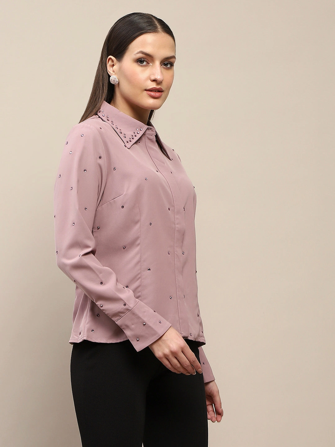 Perfect Wear Interview Ready Madame Allover Embellished Pink Shirt