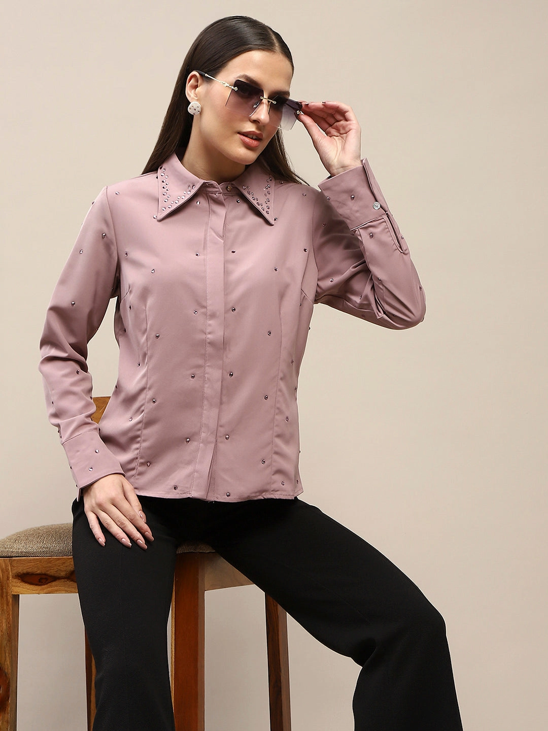 Madame Allover Embellished Pink Shirt Versatile Design