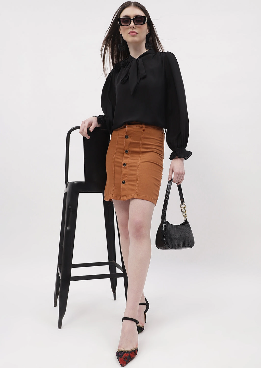 Madame Applique Adorned Black Poet Sleeve Top Flexible Shoulder Gusset