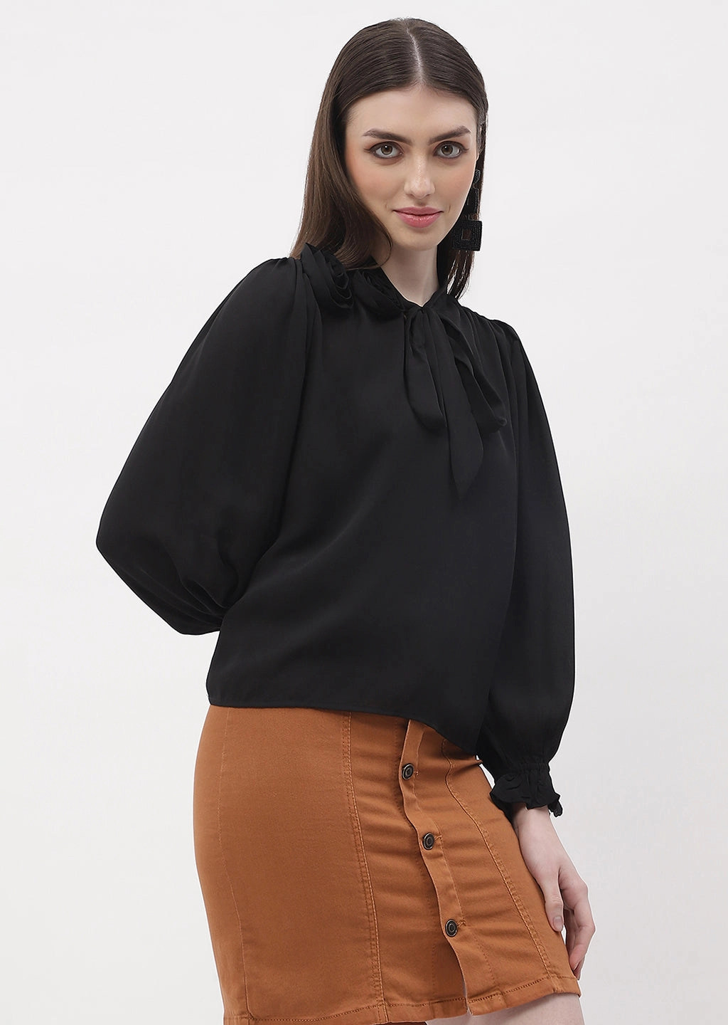 Madame Applique Adorned Black Poet Sleeve Top Adjustable Hem Odor Neutralizing Technology