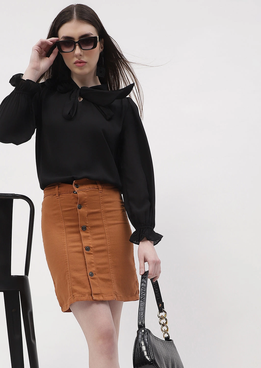 Madame Applique Adorned Black Poet Sleeve Top MultiFunctionalDesign