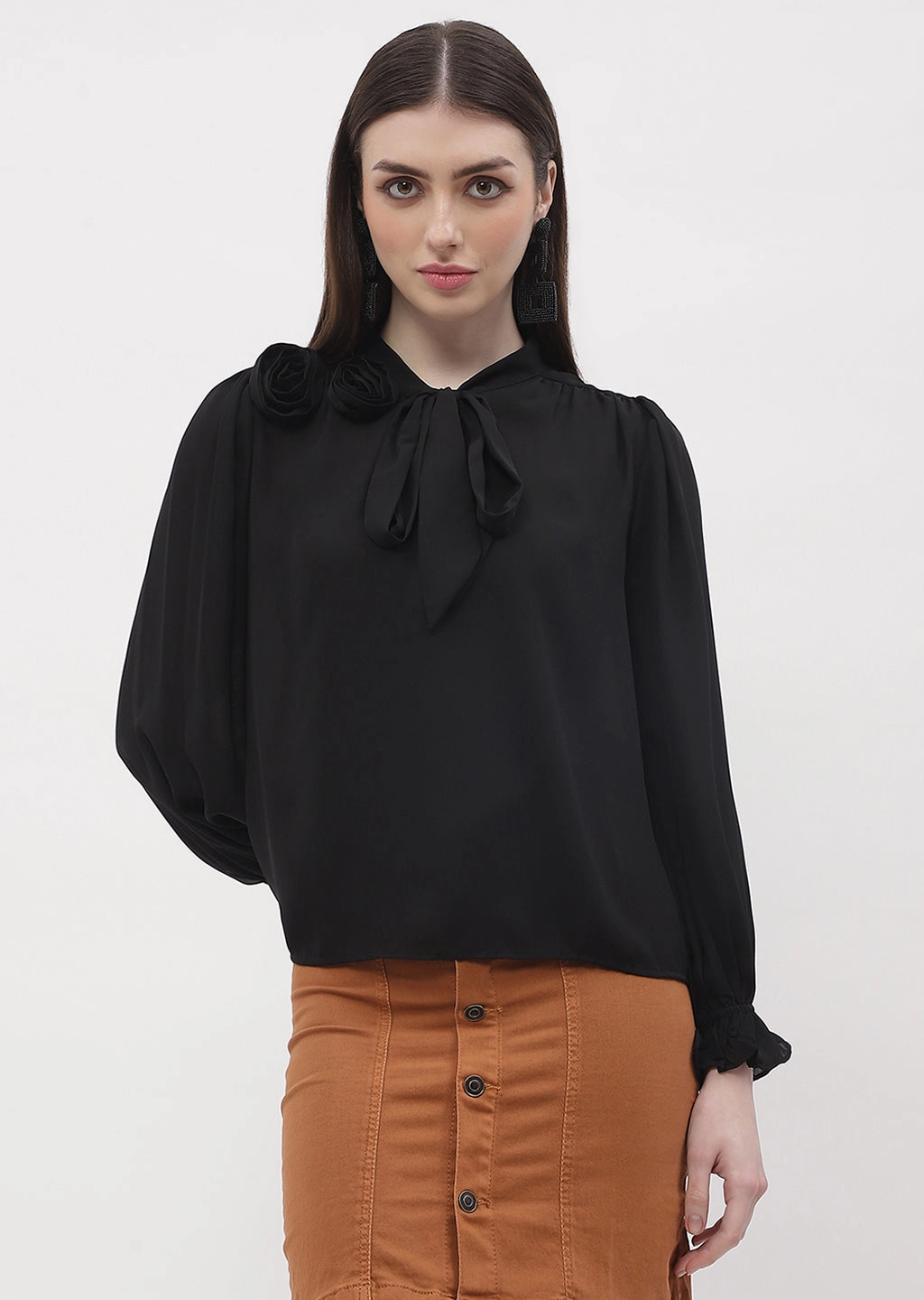 Madame Applique Adorned Black Poet Sleeve Top Snag Resistant Surface