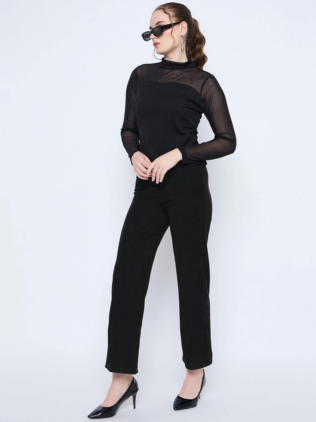 Layered Sleeve Madame Band Neck Embellished Solid Black Mesh Top