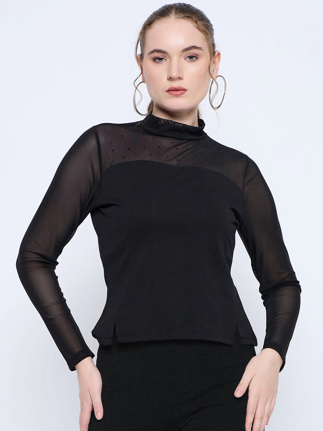 Stretchable Material Madame Band Neck Embellished Solid Black Mesh Top