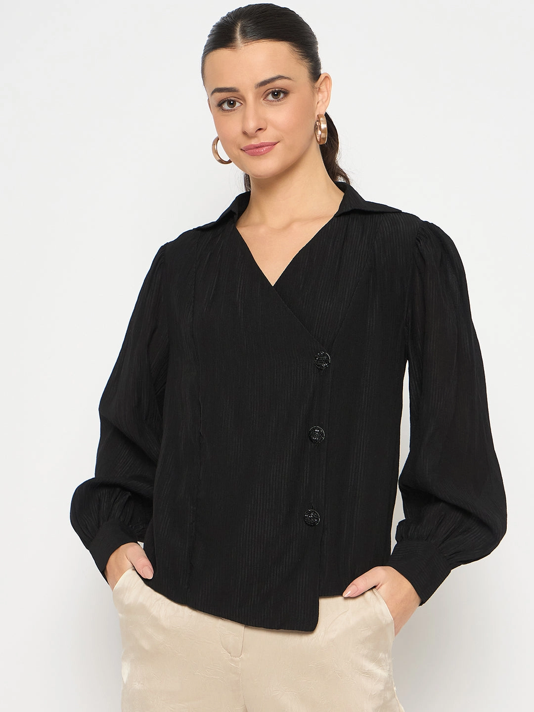 Easy Care Madame Black Asymmetrical Hemline Rayon Blend Shirt