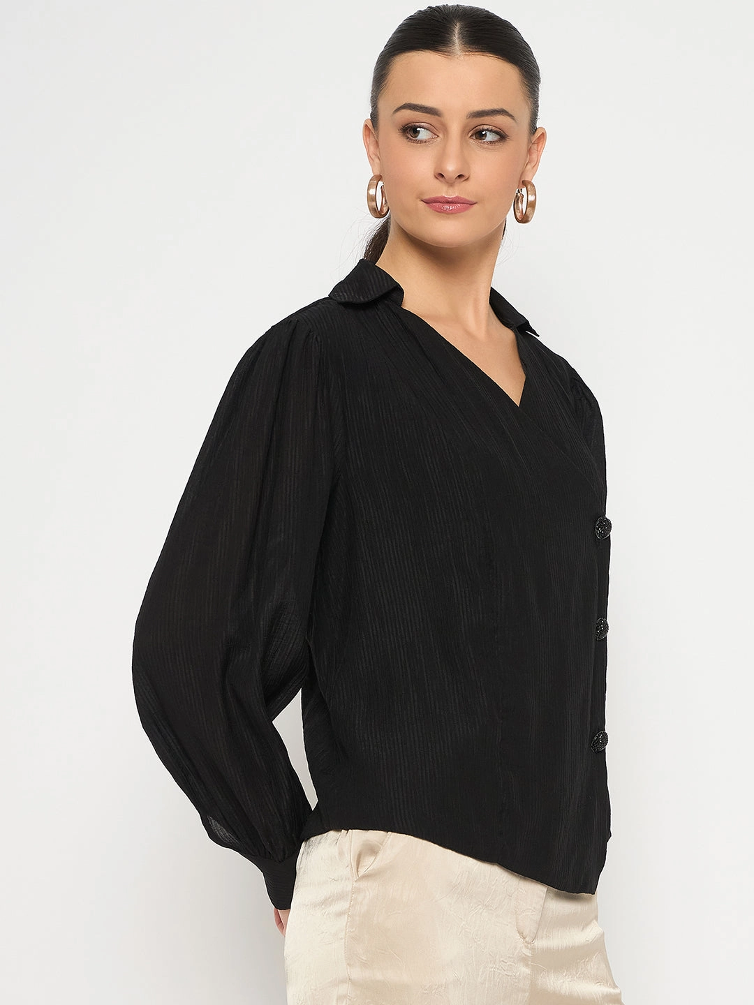 Fitted Design Sporty Comfort Madame Black Asymmetrical Hemline Rayon Blend Shirt