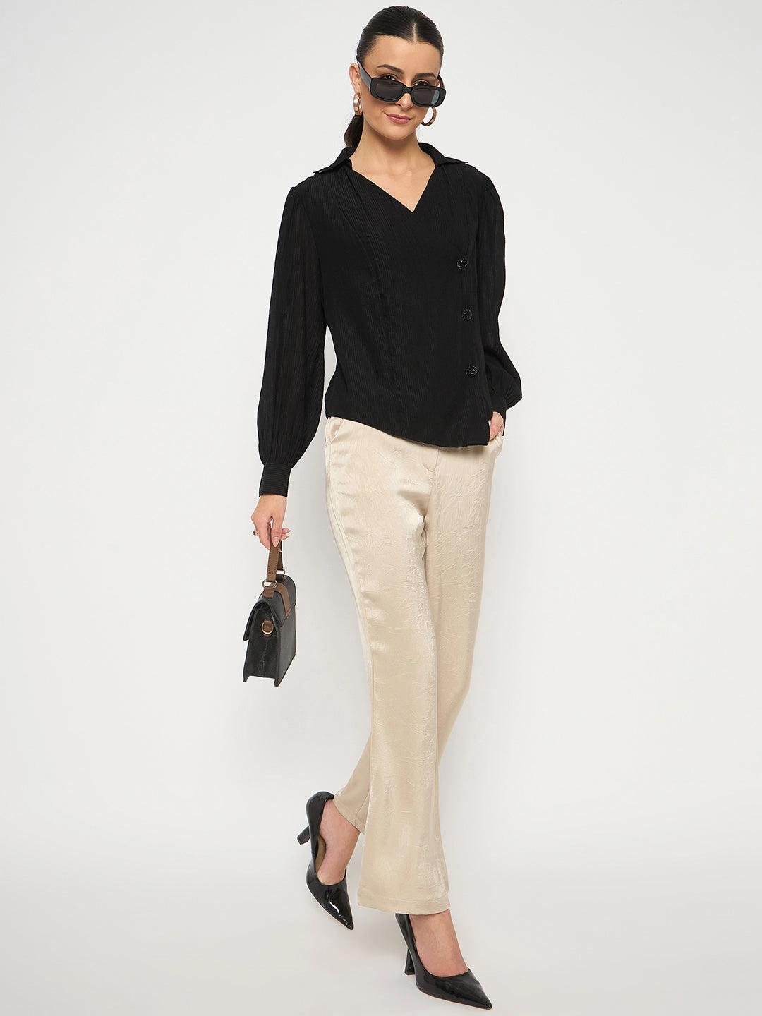 Madame Black Asymmetrical Hemline Rayon Blend Shirt Pure Cotton