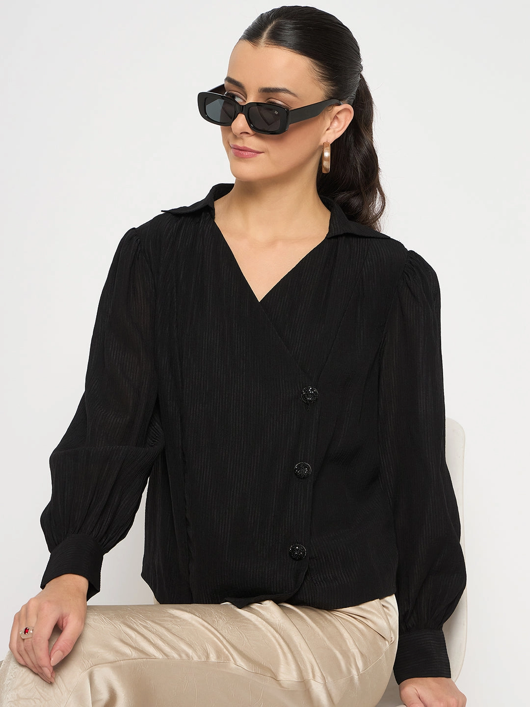 Backpacking Trip Easy Fit Madame Black Asymmetrical Hemline Rayon Blend Shirt