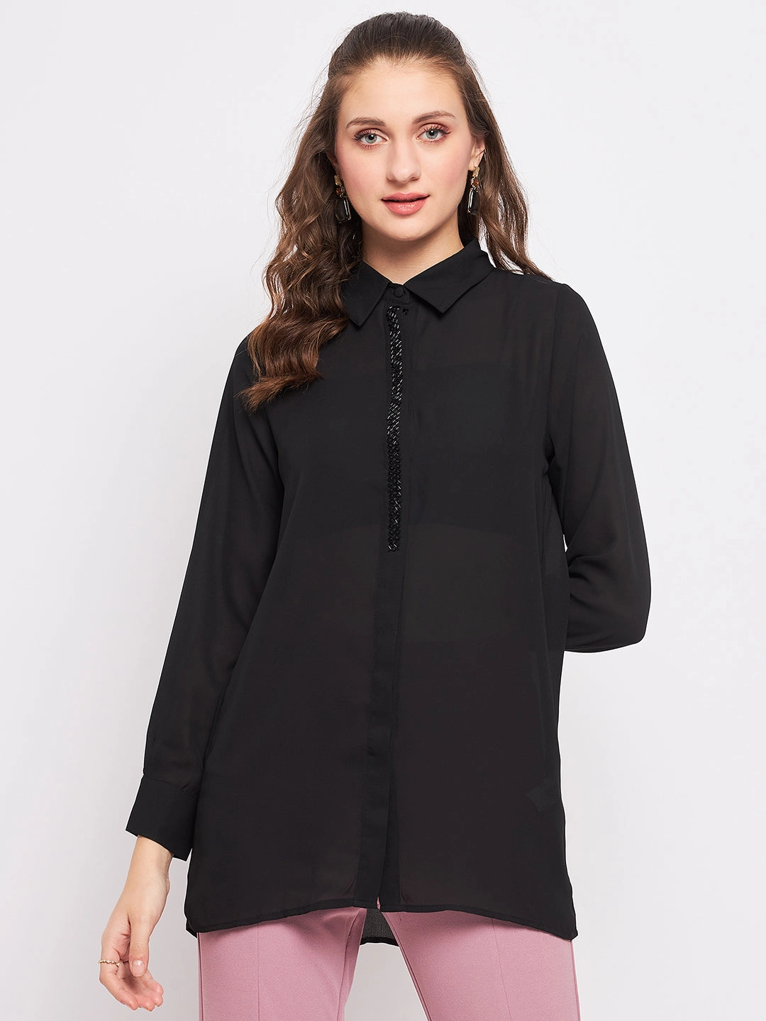 Minimalist Closure Madame Black Embellished Shirt