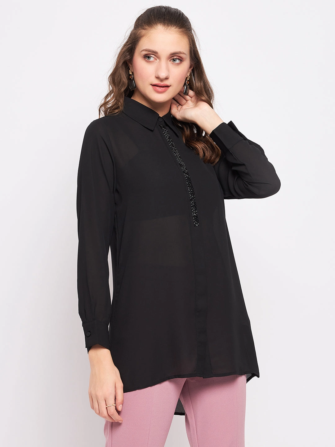 High Density Weave Effortless Style Madame Black Embellished Shirt