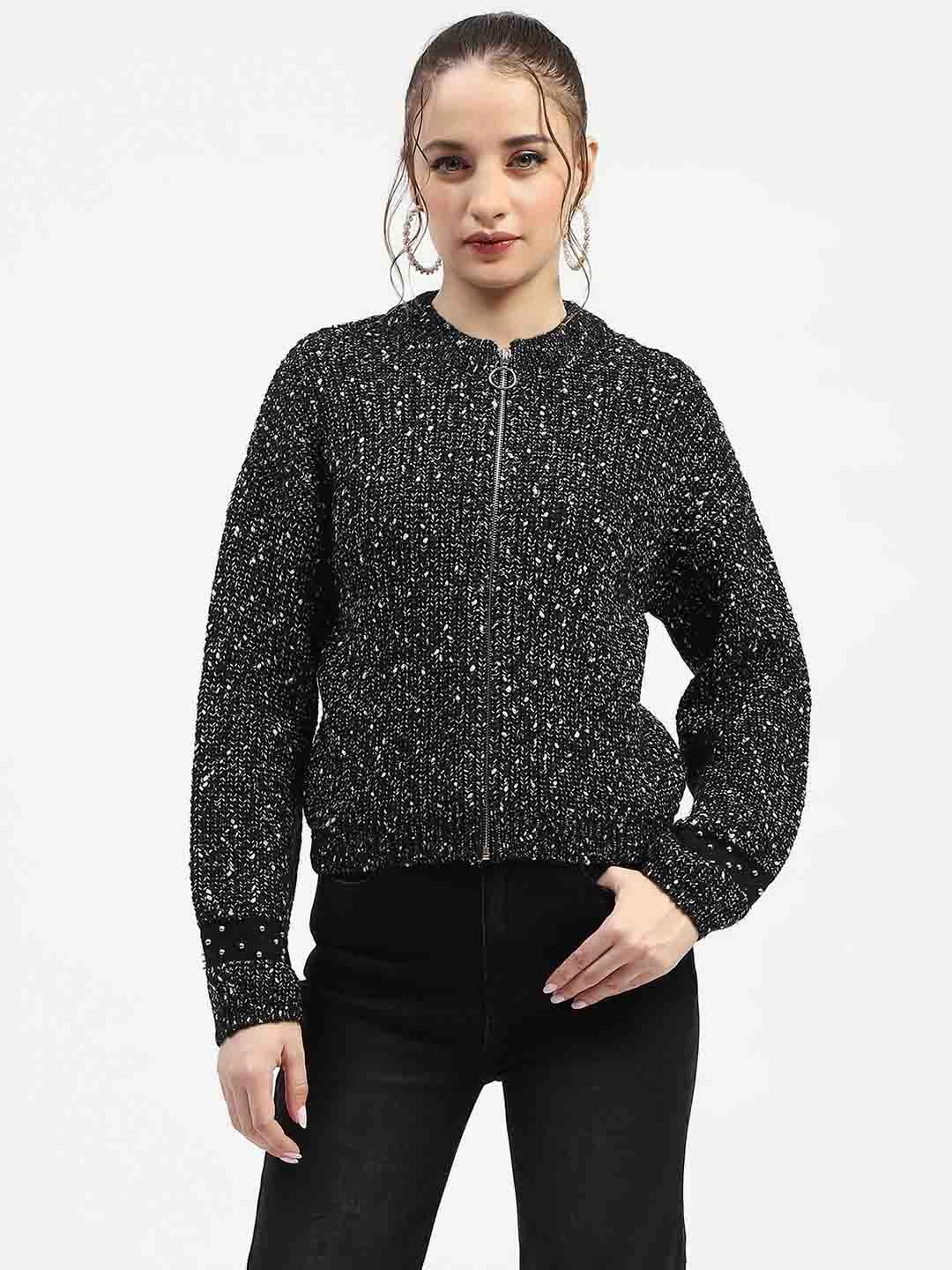 Madame Black Speckled Pullover Sweater with Half-Zip Eco Dye Process Winter Layering Look