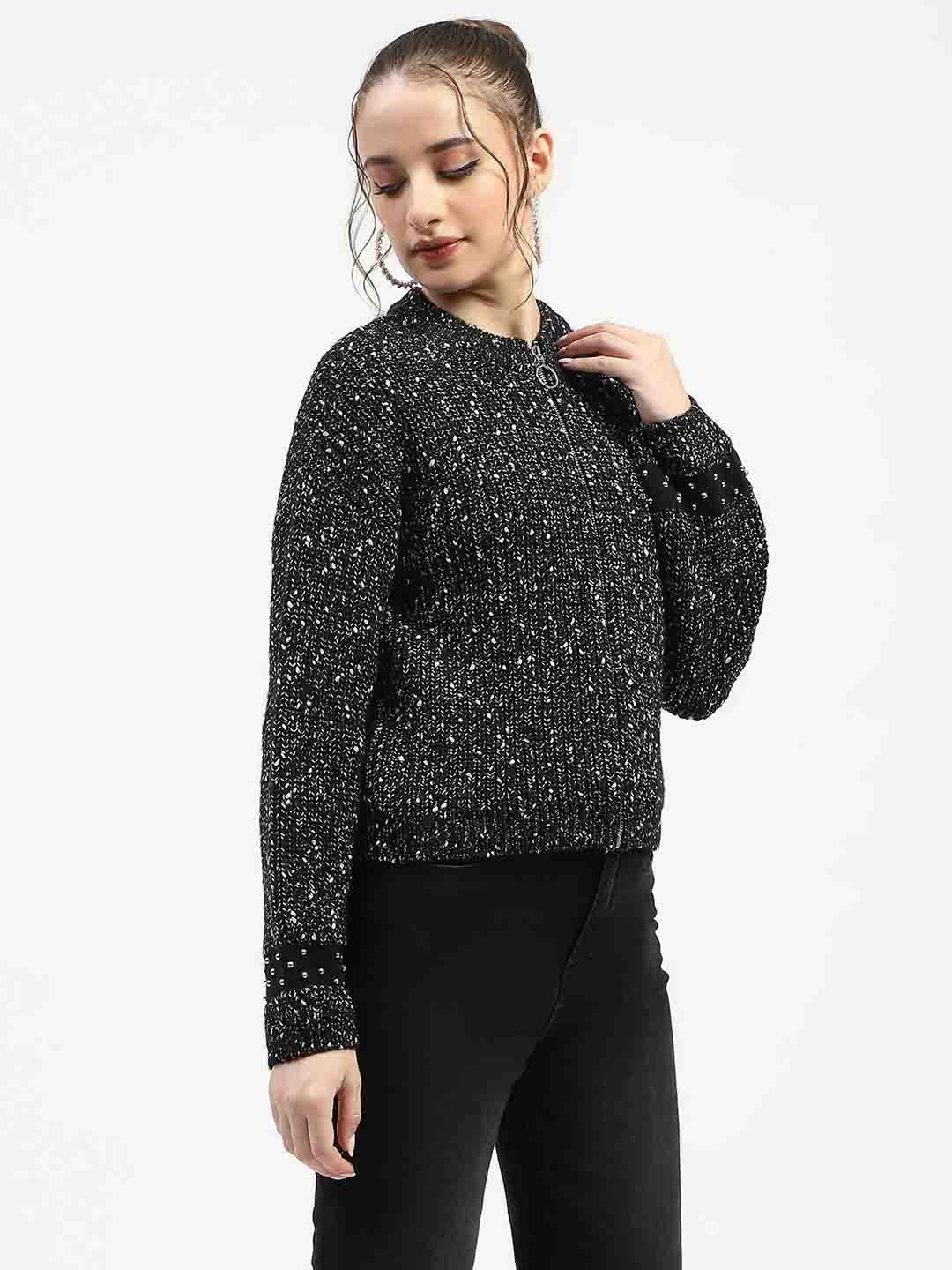 Casual Chic Look Madame Black Speckled Pullover Sweater with Half-Zip