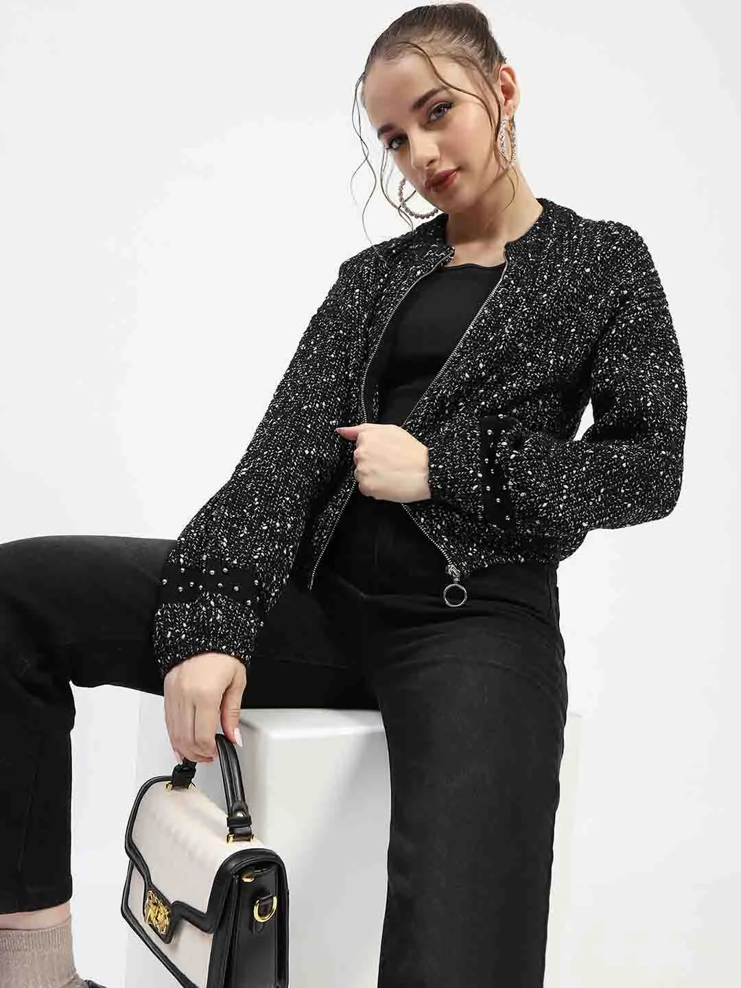Relaxed Waist Madame Black Speckled Pullover Sweater with Half-Zip