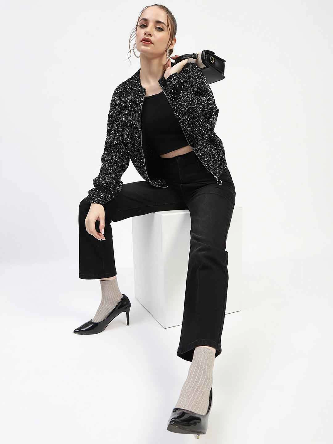 Madame Black Speckled Pullover Sweater with Half-Zip Layered Wearable