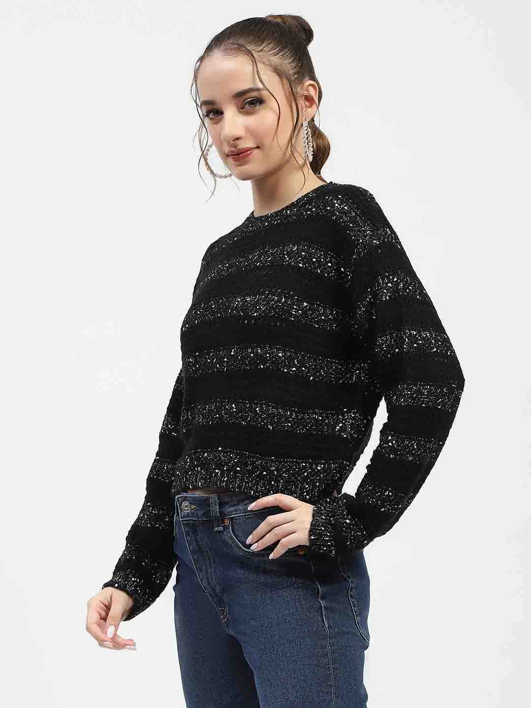 Simple Cozy Madame Black Striped Cropped Sweater with Sparkle Detailing
