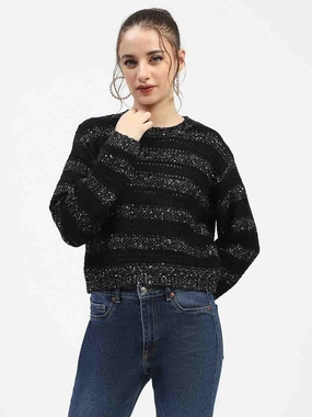 Soft Comfort Madame Black Striped Cropped Sweater with Sparkle Detailing
