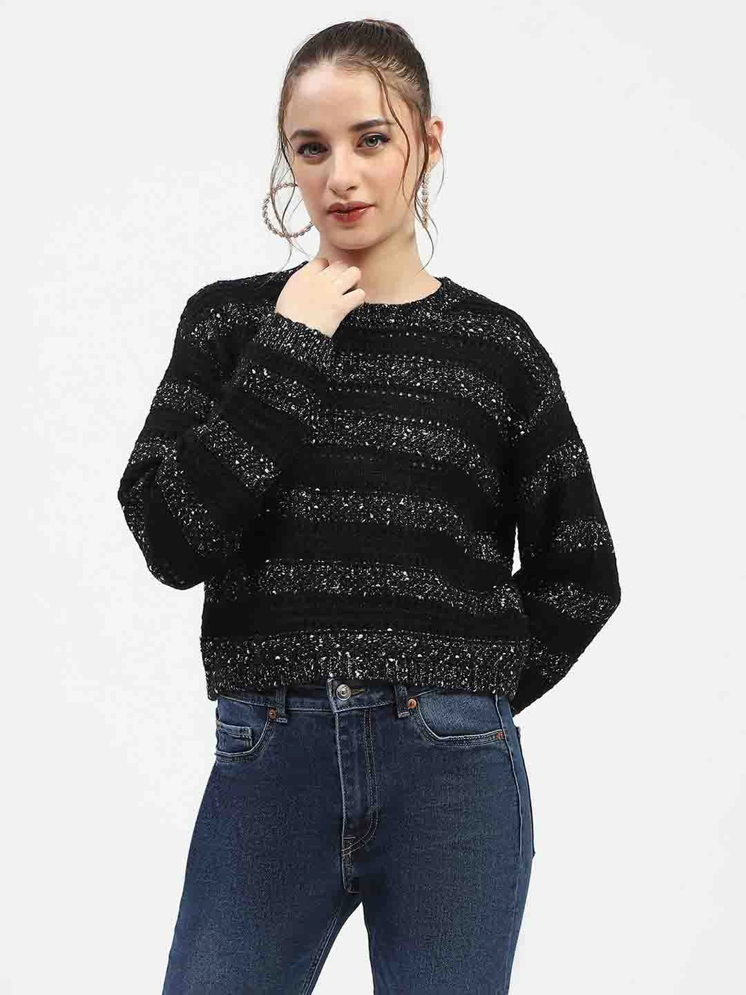 Soft Comfort Madame Black Striped Cropped Sweater with Sparkle Detailing