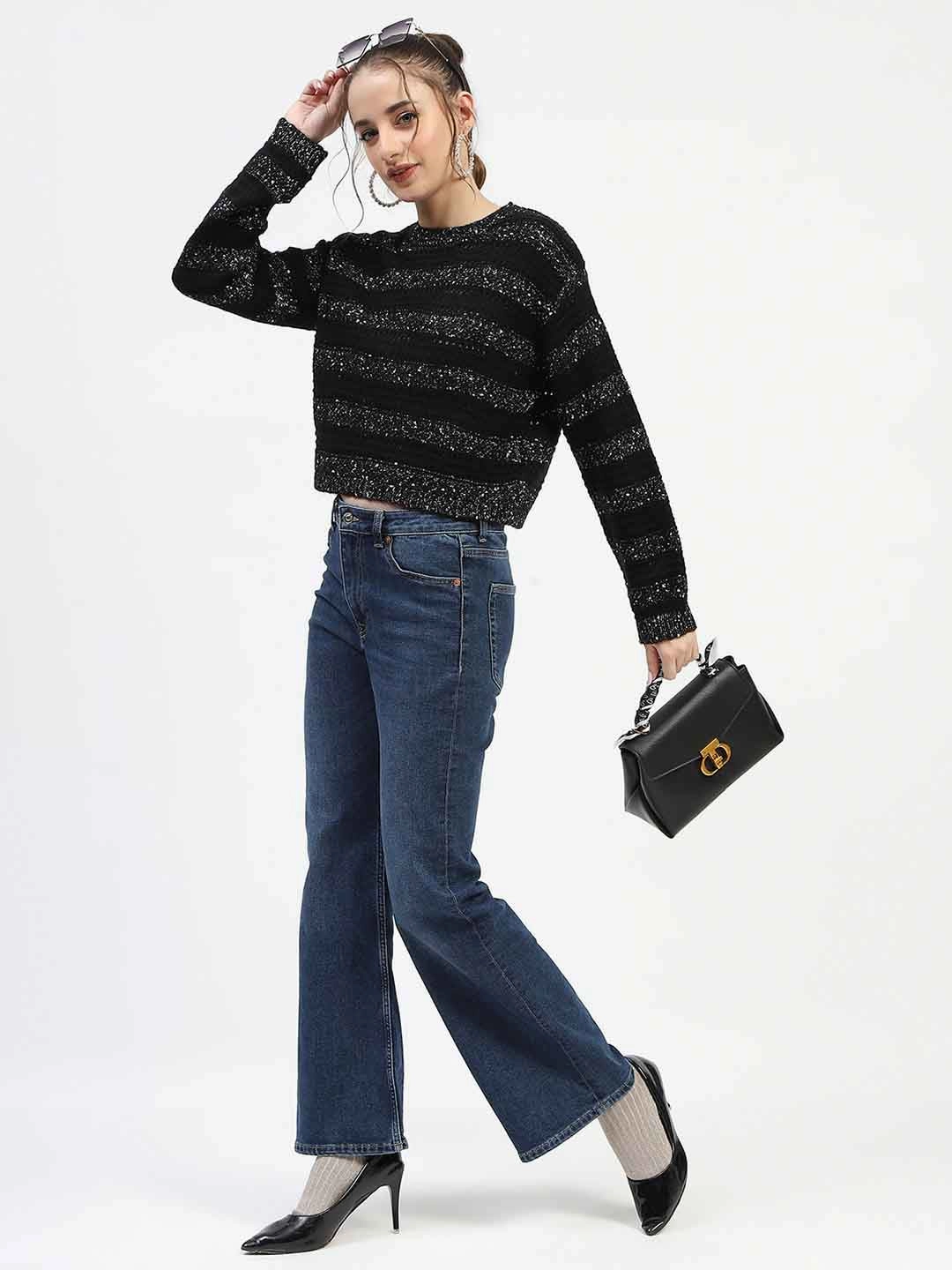 Eco Conscious Manufacturing Madame Black Striped Cropped Sweater with Sparkle Detailing