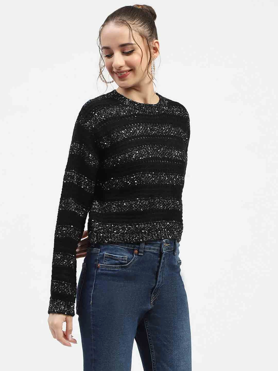 Madame Black Striped Cropped Sweater with Sparkle Detailing Simple Look