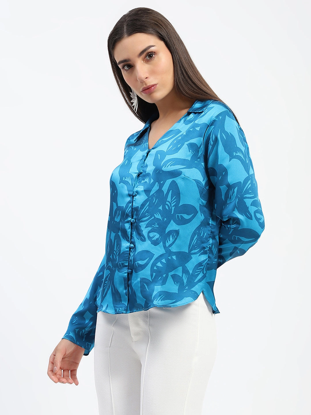 Fashion Forward Flexible Shoulder Construction Madame Blue Leaf Print Shirt