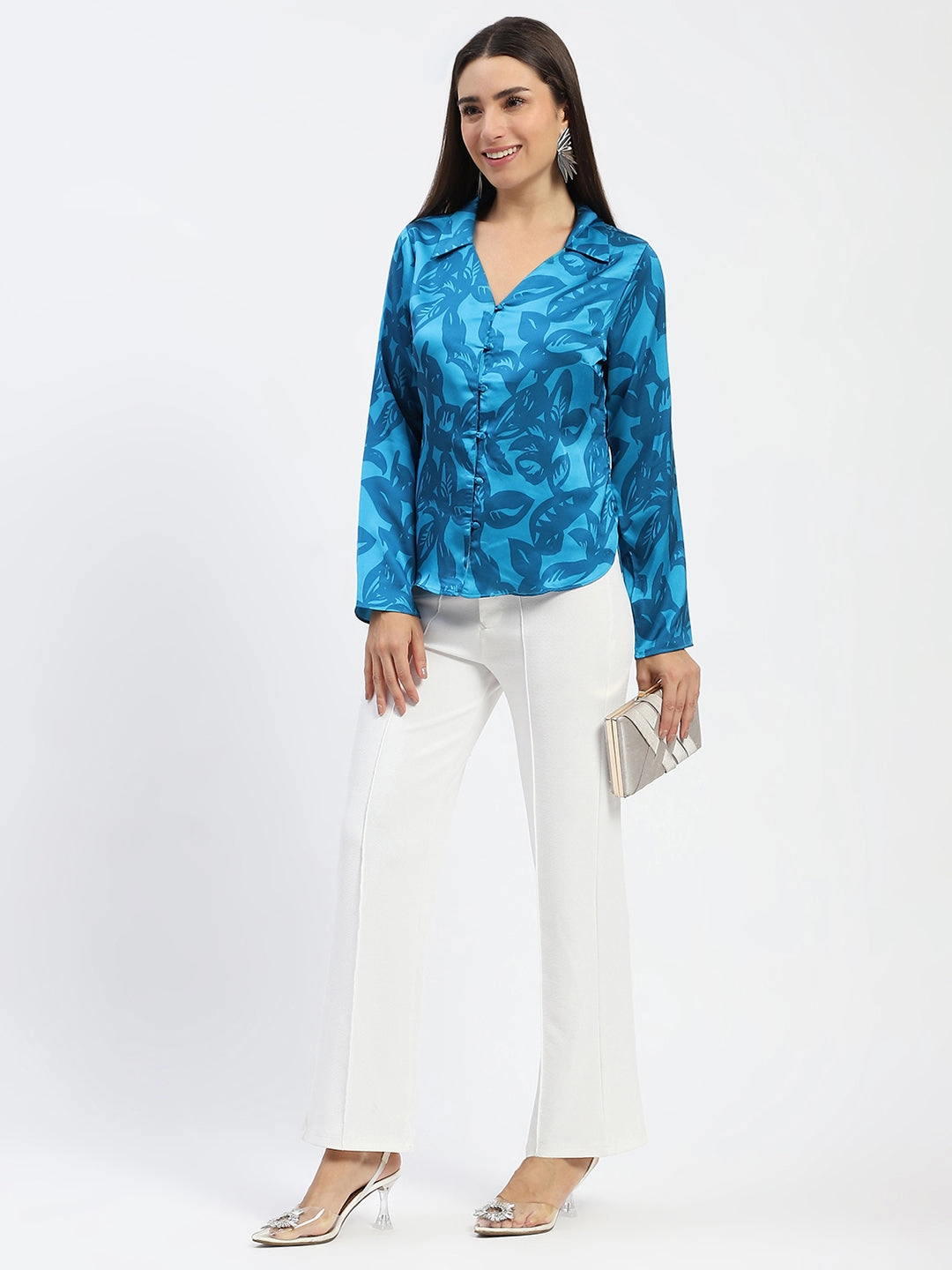 Eco-Friendly Fabric Country Escape Madame Blue Leaf Print Shirt