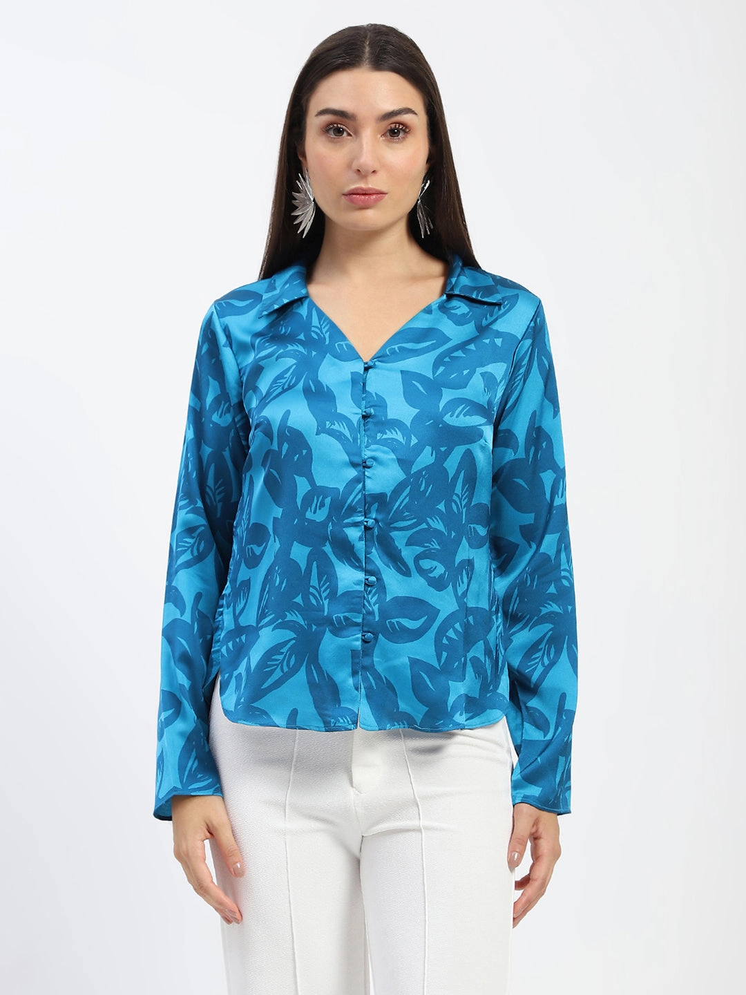 Madame Blue Leaf Print Shirt elegant design