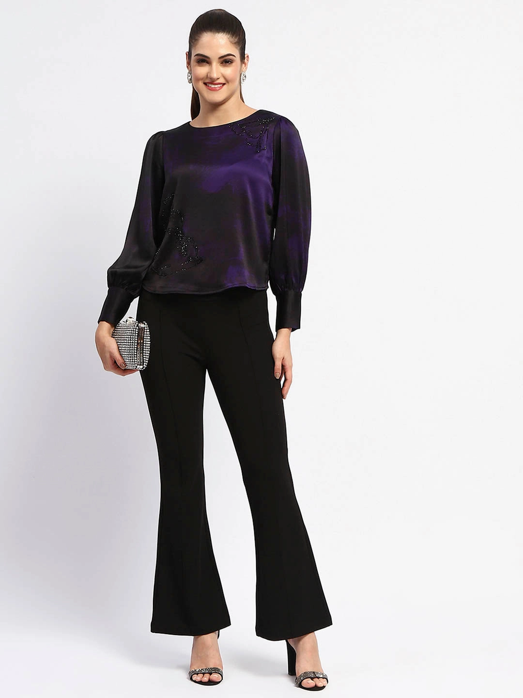 Laser Cut Edges Madame Boat Neck Cuff Sleeve Abstract Print Black Top