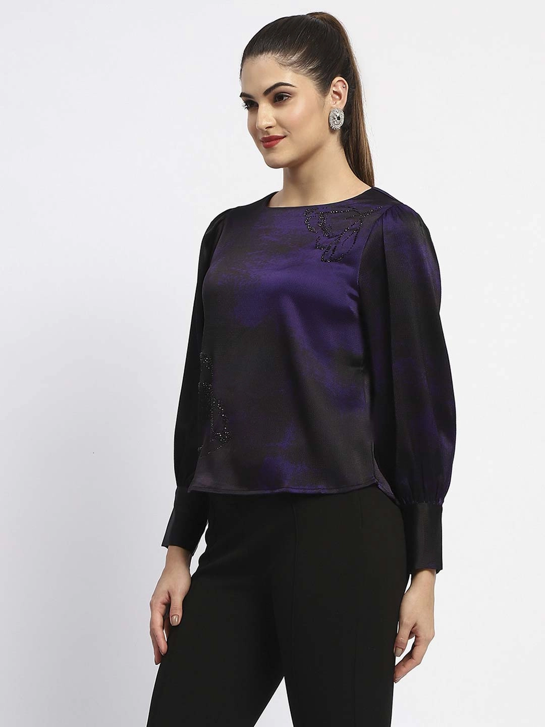 Madame Boat Neck Cuff Sleeve Abstract Print Black Top HighNeckCut