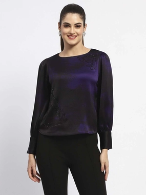 EthicallySourced Madame Boat Neck Cuff Sleeve Abstract Print Black Top