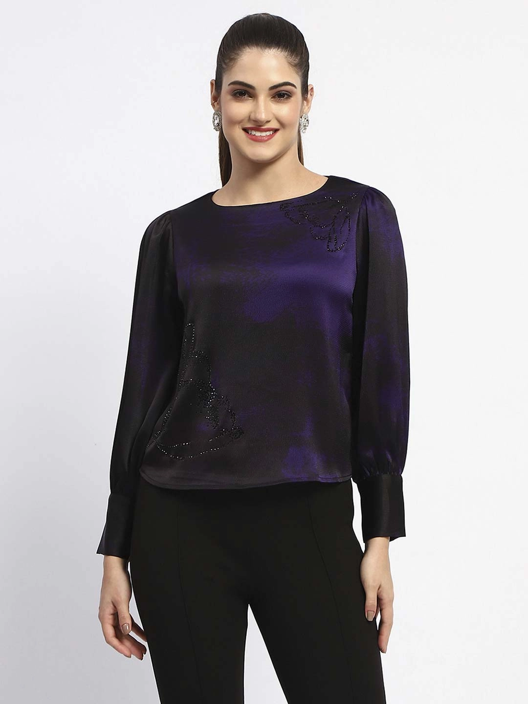 EthicallySourced Madame Boat Neck Cuff Sleeve Abstract Print Black Top