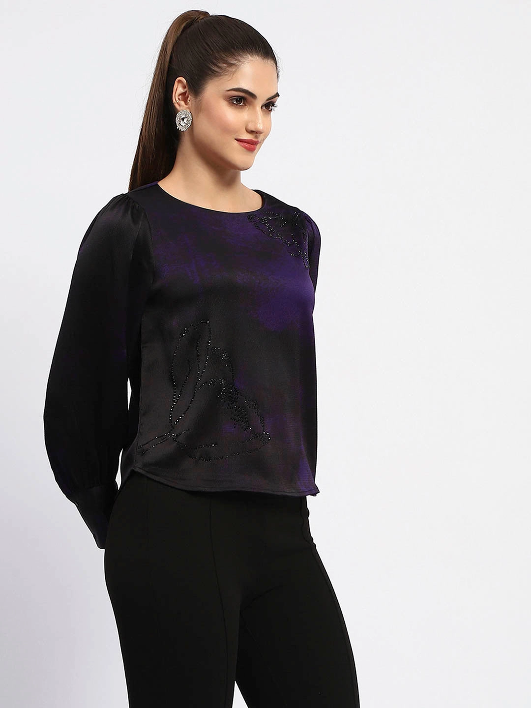 Casual Long Sleeve Hidden Storage Pockets Madame Boat Neck Cuff Sleeve Abstract Print Black Top