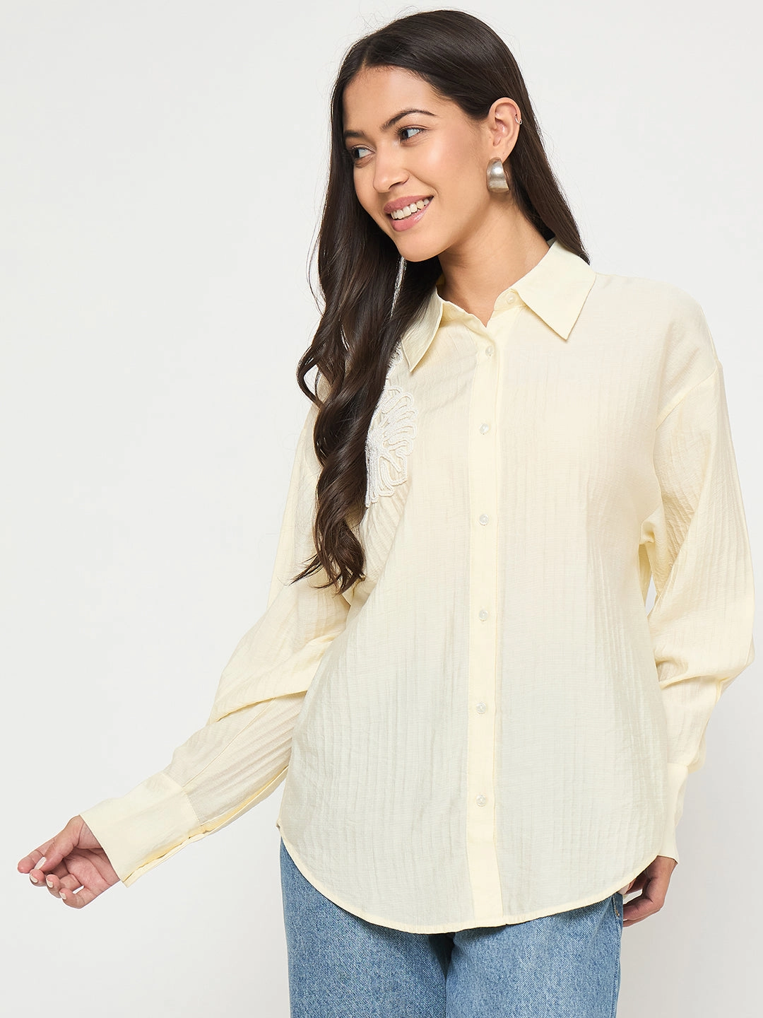 Madame Botanical Embroidery Off White Rayon Blend Shirt Urban Style