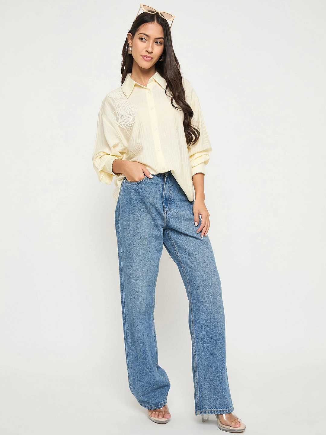 Split hem Madame Botanical Embroidery Off White Rayon Blend Shirt