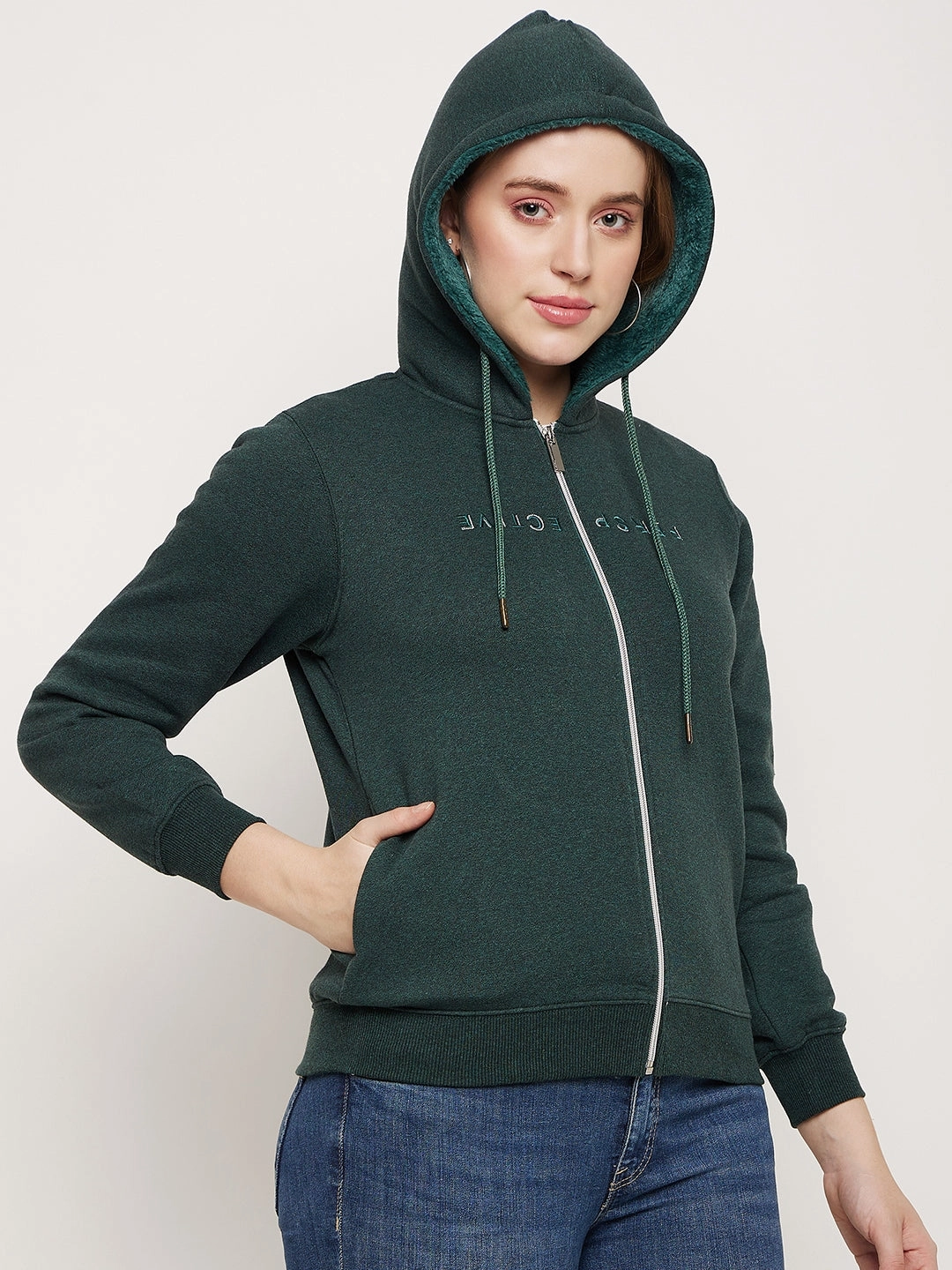 UV resistant Eco-friendly Madame Bottle Green Hood Neck Sweatshirt