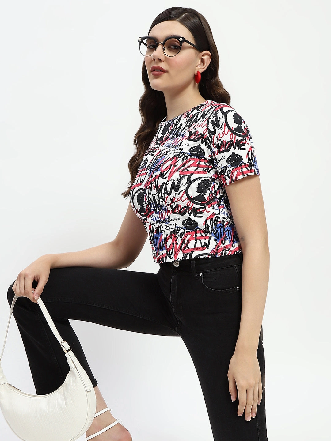 Madame Bridgerton Typography Print White Ribbed T-Shirt Elegant Cardigan AntiStatic Treatment