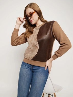 Outdoor Bold Madame Brown Fleece And Faux Leather Colourblocked Sweatshirt