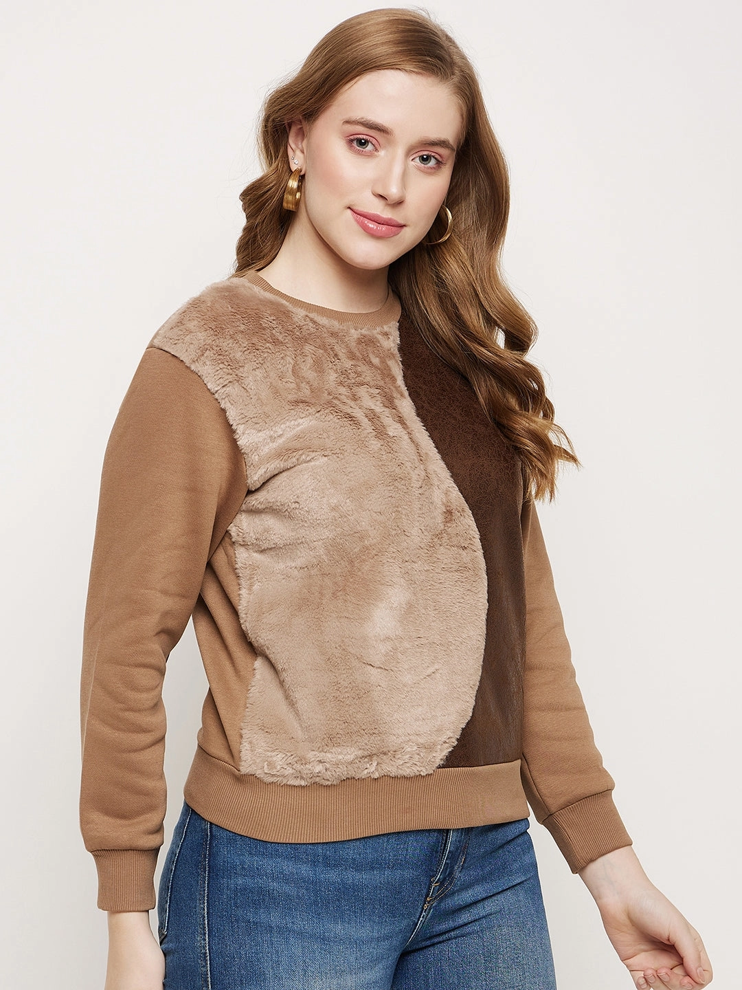 Odor Free bead accents Madame Brown Fleece And Faux Leather Colourblocked Sweatshirt