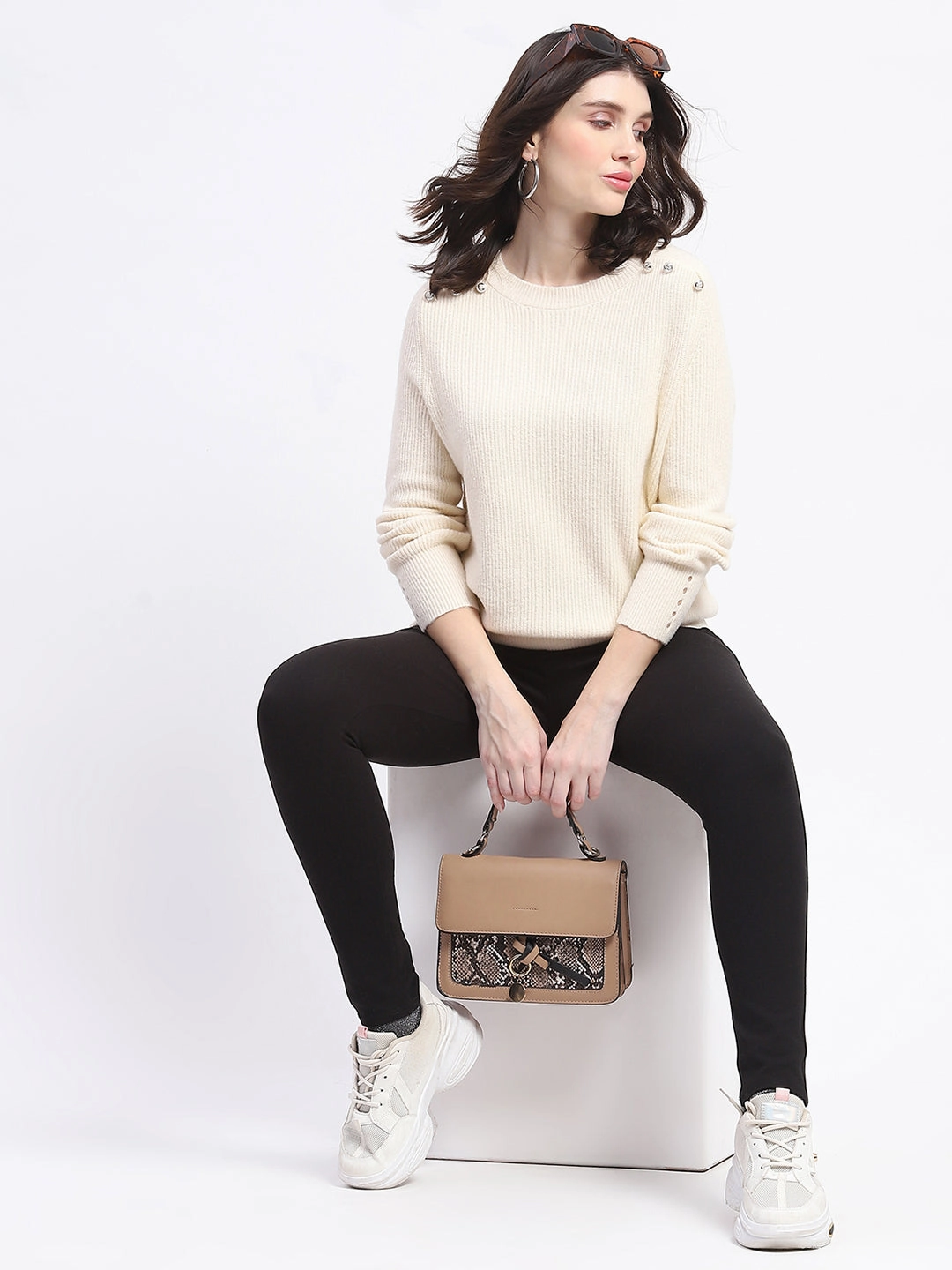 Versatile Outfit Reinforced Shoulder Design Madame Button Detailed Solid Beige Knitted Sweater