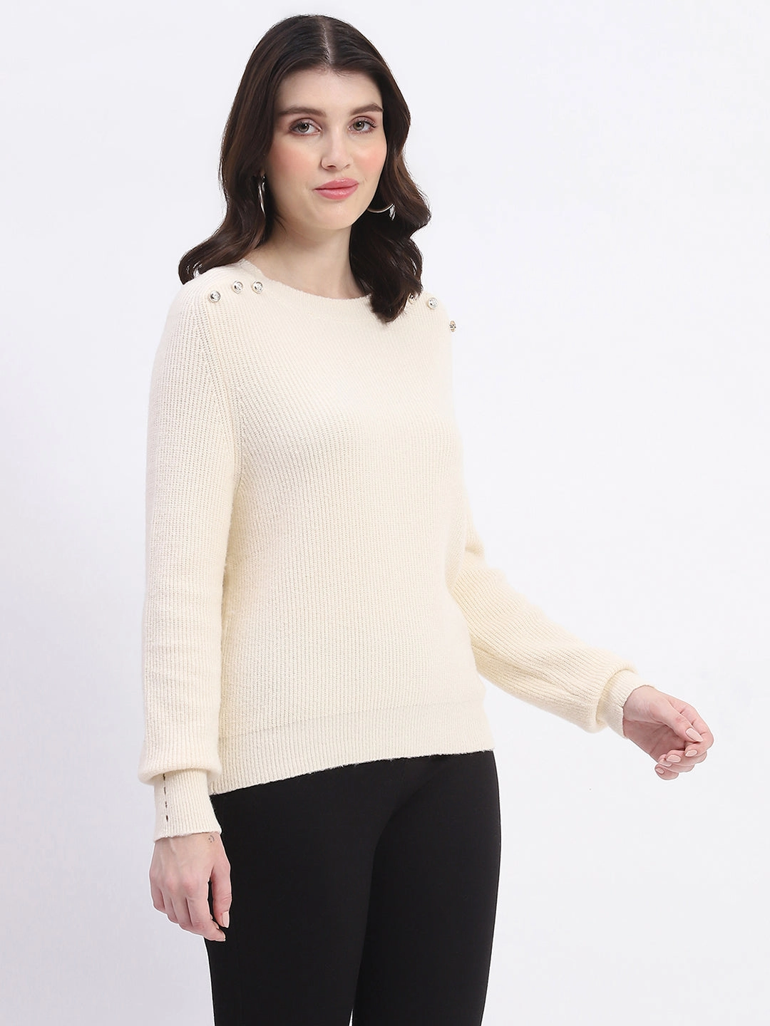 Non Restrictive Cut Madame Button Detailed Solid Beige Knitted Sweater
