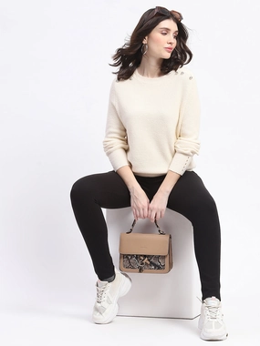 Versatile Outfit Reinforced Shoulder Design Madame Button Detailed Solid Beige Knitted Sweater