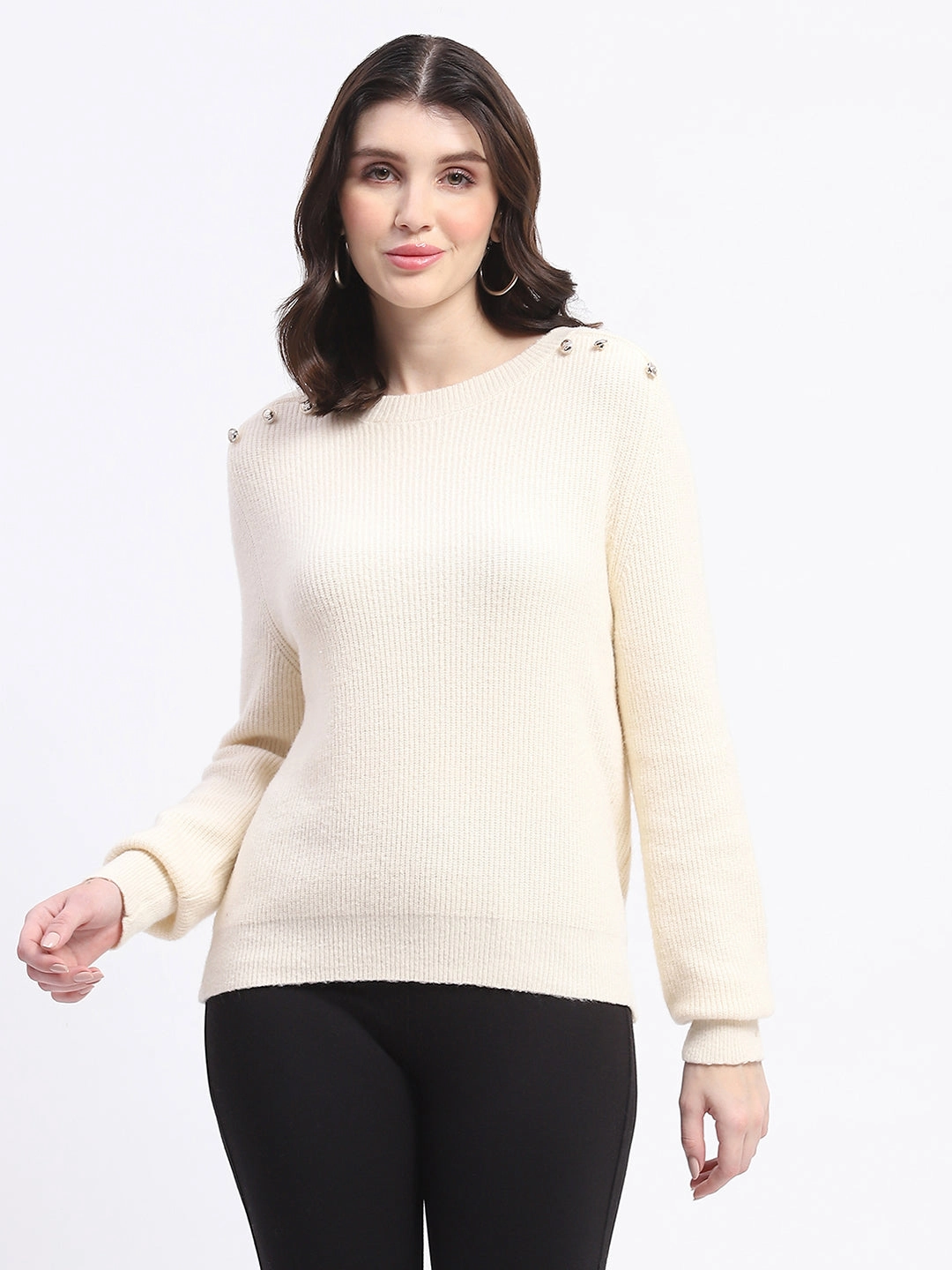Madame Button Detailed Solid Beige Knitted Sweater Classic Winter Warm Layering