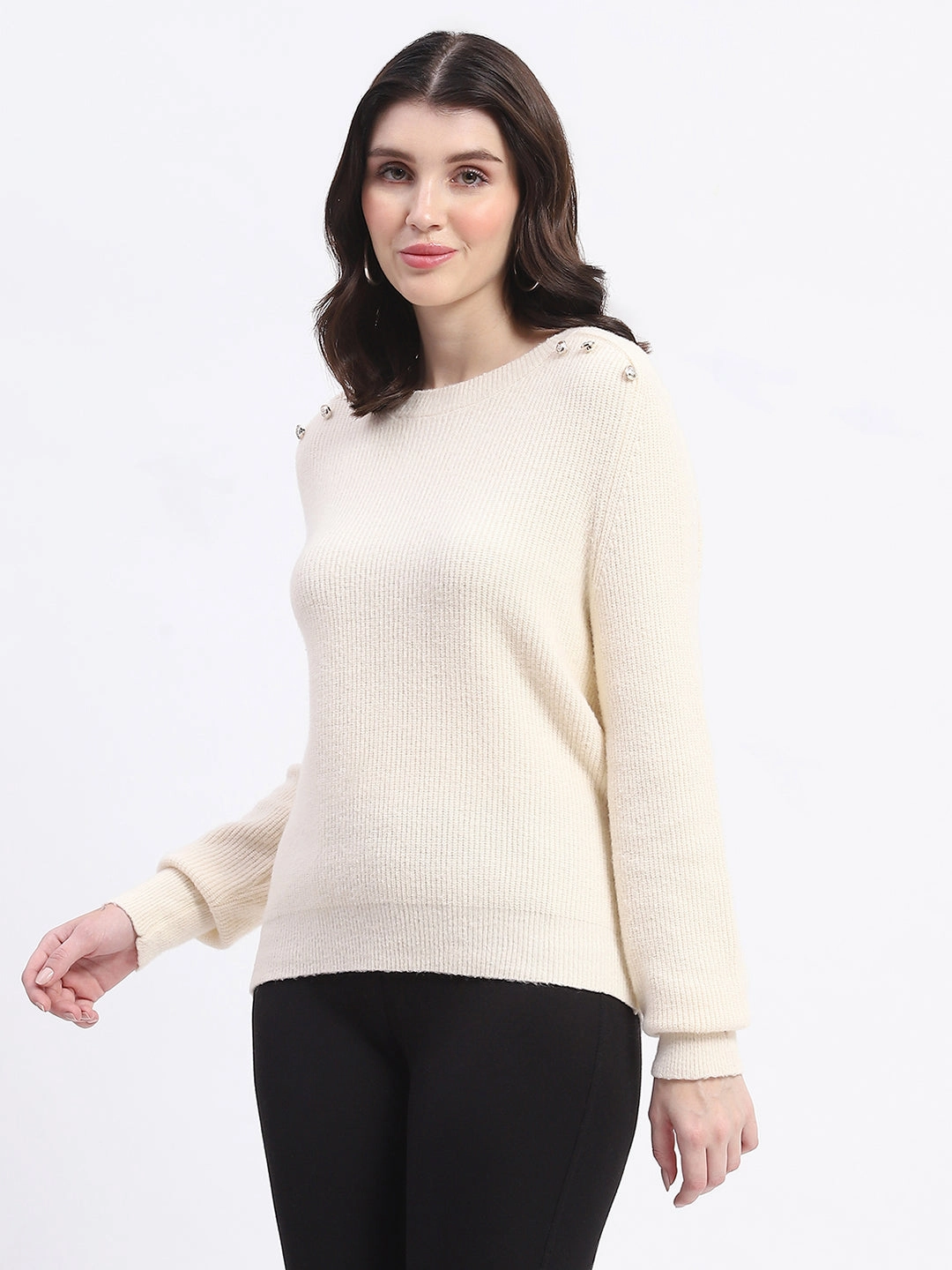 Casual Style Sleek Wear Fit Madame Button Detailed Solid Beige Knitted Sweater
