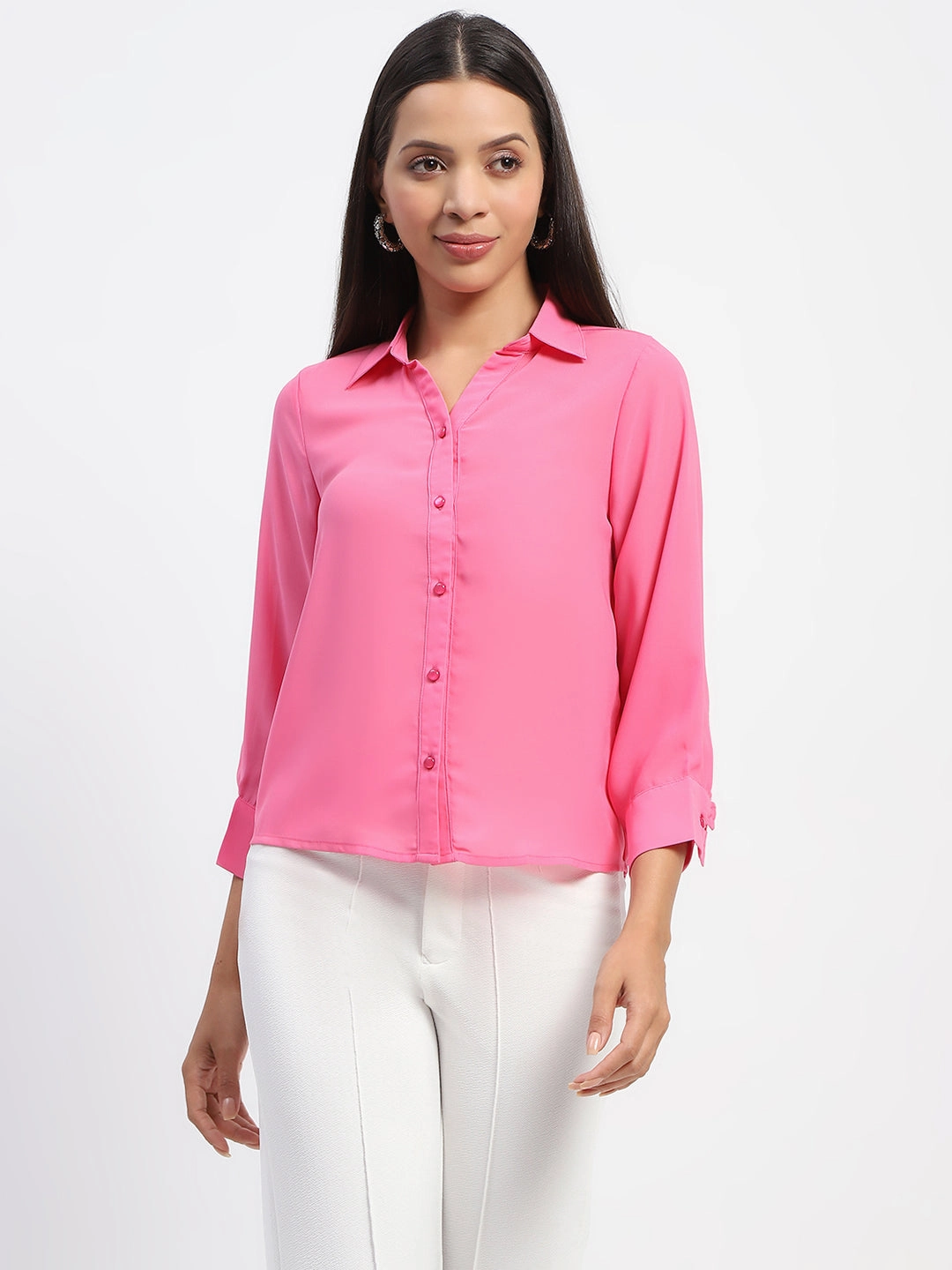 Trendy Wear Breathable Comfort Madame Button-Down Collared Pink Shirt