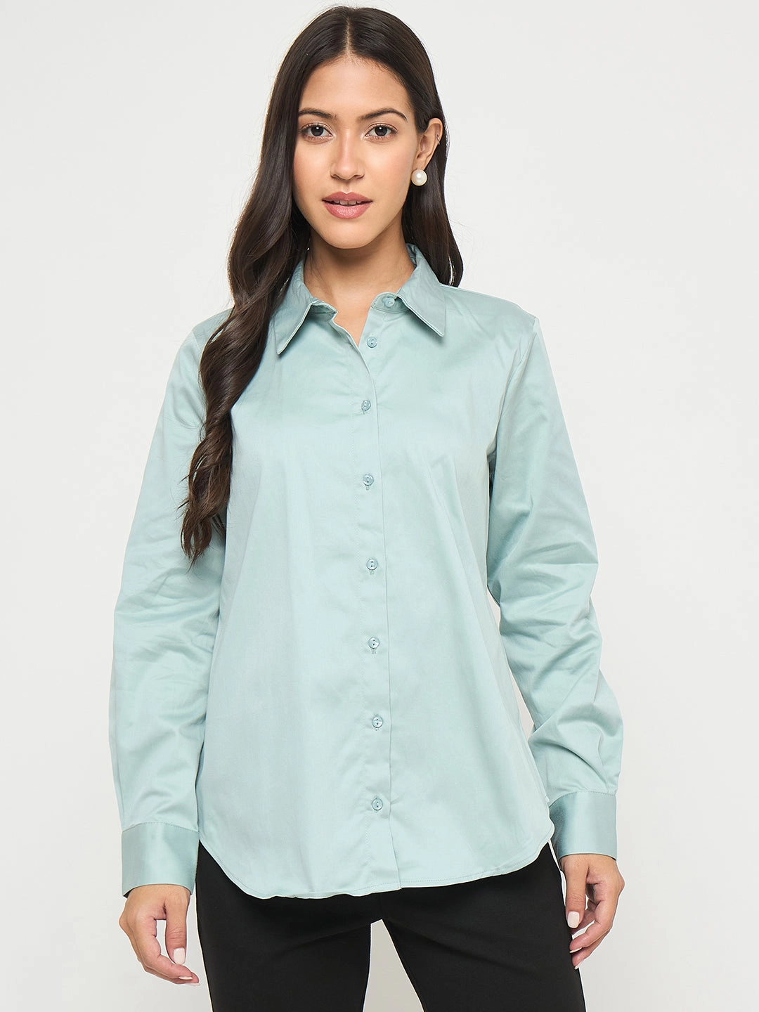 Cooling Core Technology Madame Buttoned Front Solid Cotton Blend Green Shirt
