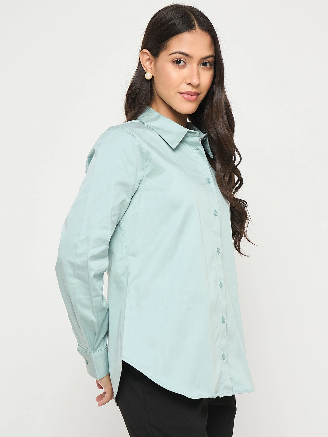 Simple Style UV Protective Fabric Madame Buttoned Front Solid Cotton Blend Green Shirt