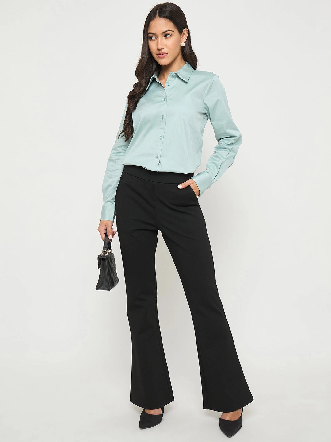 Madame Buttoned Front Solid Cotton Blend Green Shirt Easy Care Premium Finish